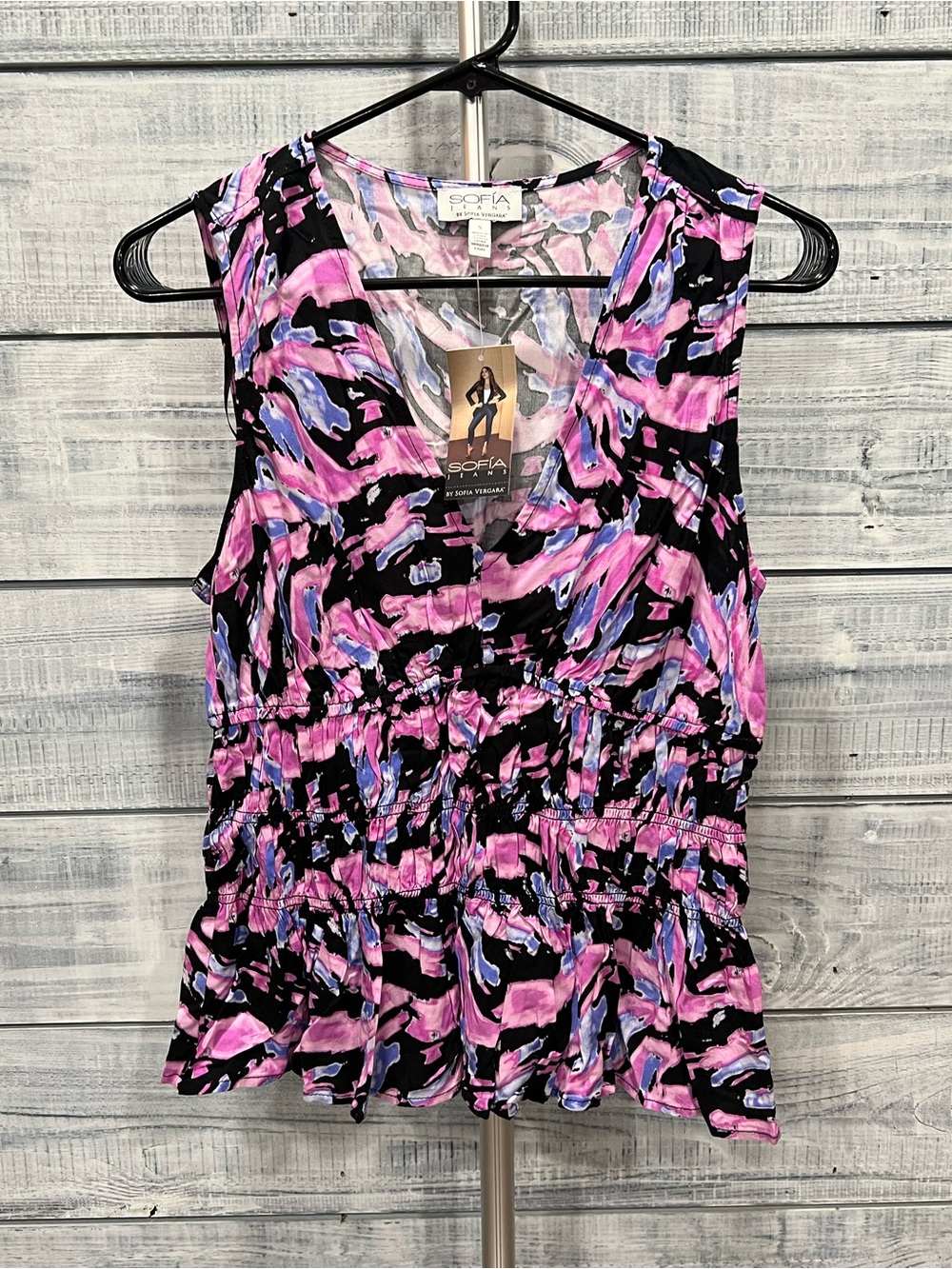 sofia by sofia vergara Pink, Black & Blue Abstract Sleeveless Peplum Top